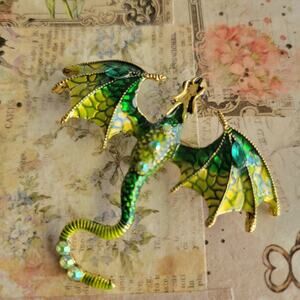 Brooch Women Vintage Pin Green Dragon Enamel Rhinestone Fantasy Brooch